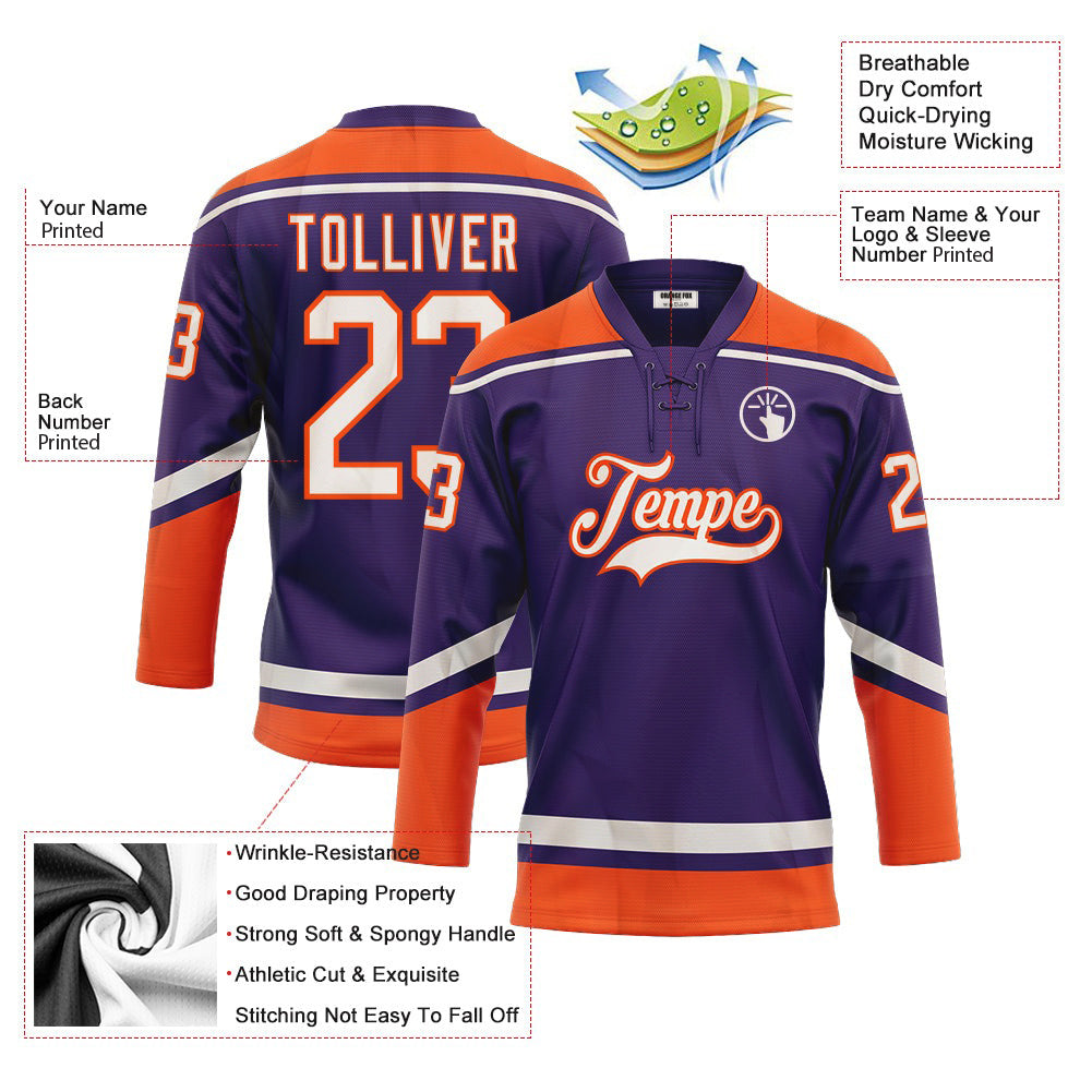 Custom Purple White-Orange Neck Hockey Jersey For Men & Women