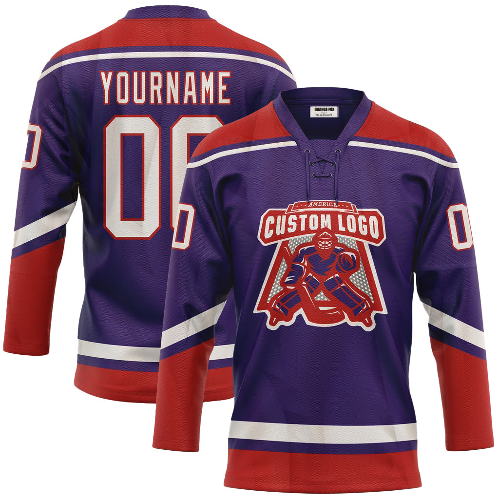 Custom Purple White-Red Neck Hockey Jersey For Men & Women