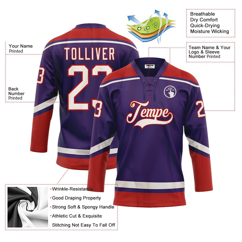 Custom Purple White-Red Neck Hockey Jersey For Men & Women