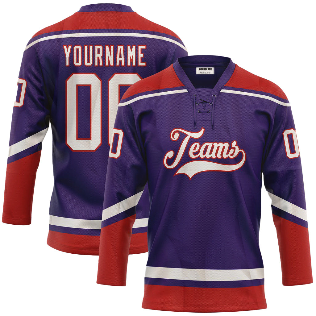 Custom Purple White-Red Neck Hockey Jersey For Men & Women