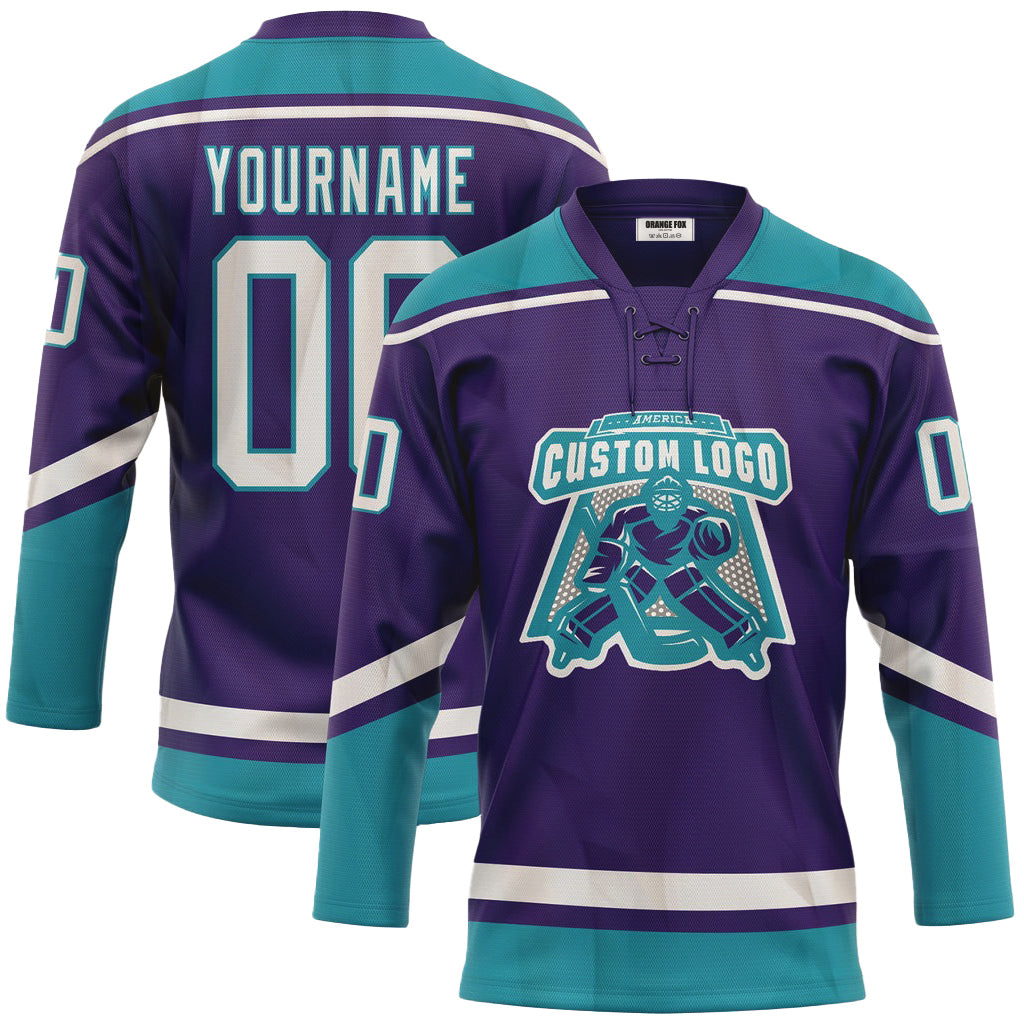 Custom Purple White-Teal Neck Hockey Jersey For Men & Women