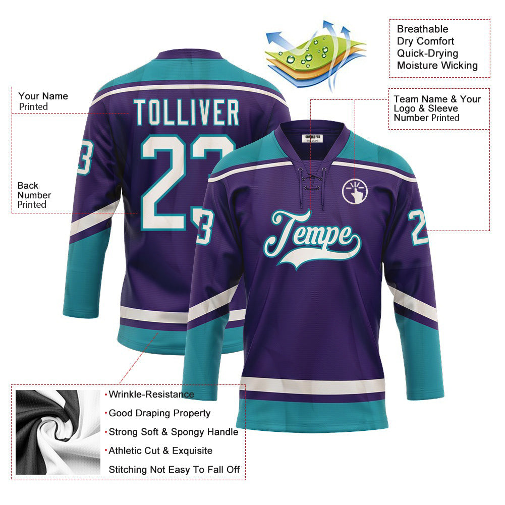 Custom Purple White-Teal Neck Hockey Jersey For Men & Women