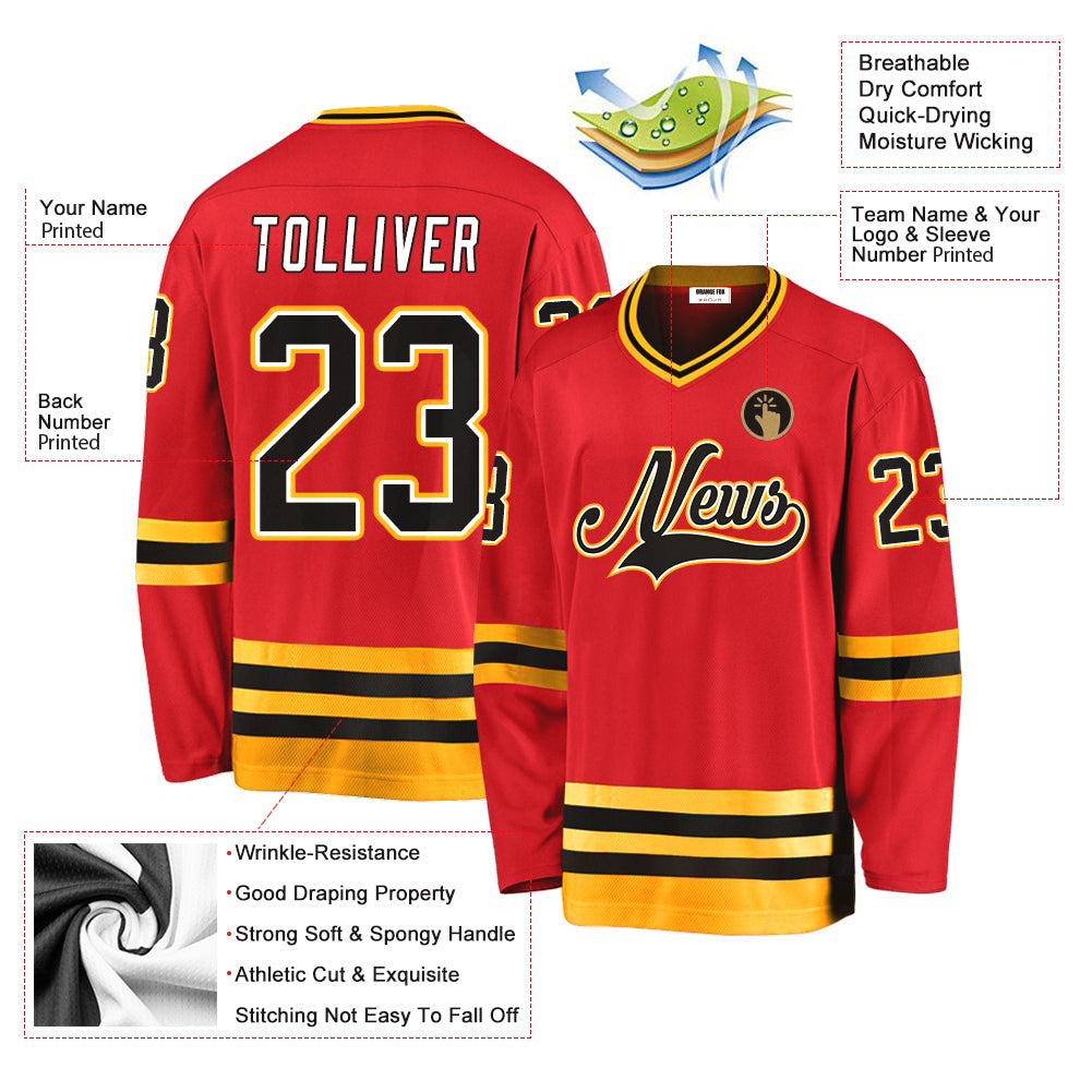 Custom Red Black-Gold V Neck Hockey Jersey For Men & Women