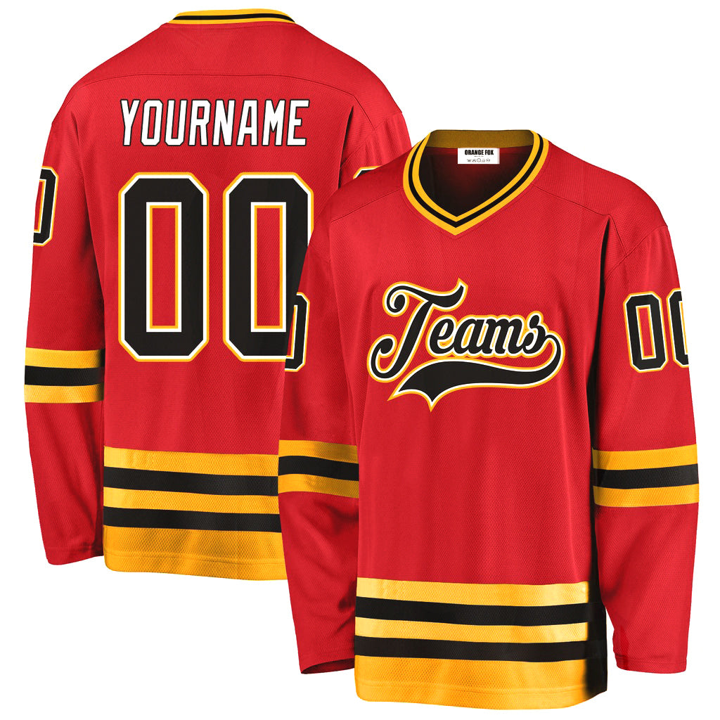 Custom Red Black-Gold V Neck Hockey Jersey For Men & Women