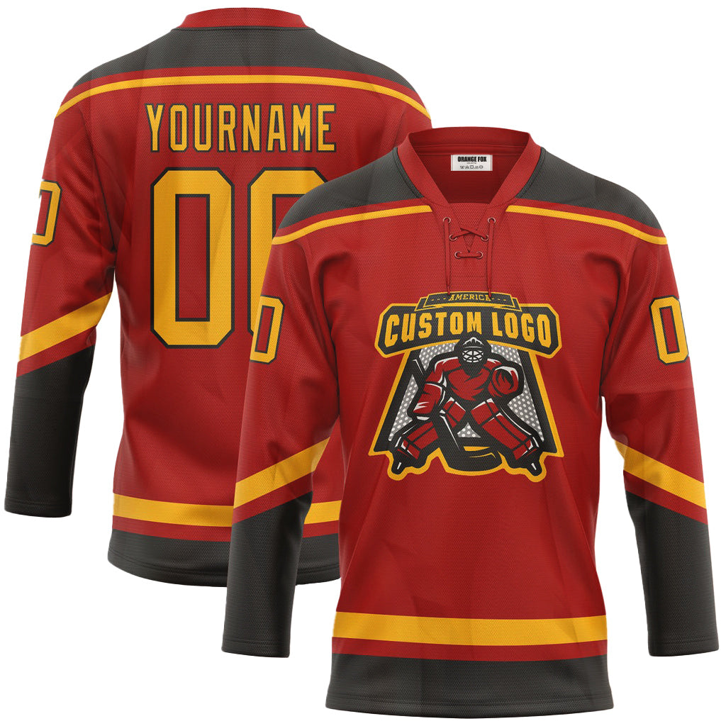 Custom Red Gold-Black Neck Hockey Jersey For Men & Women