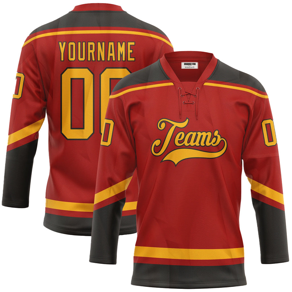 Custom Red Gold-Black Neck Hockey Jersey For Men & Women