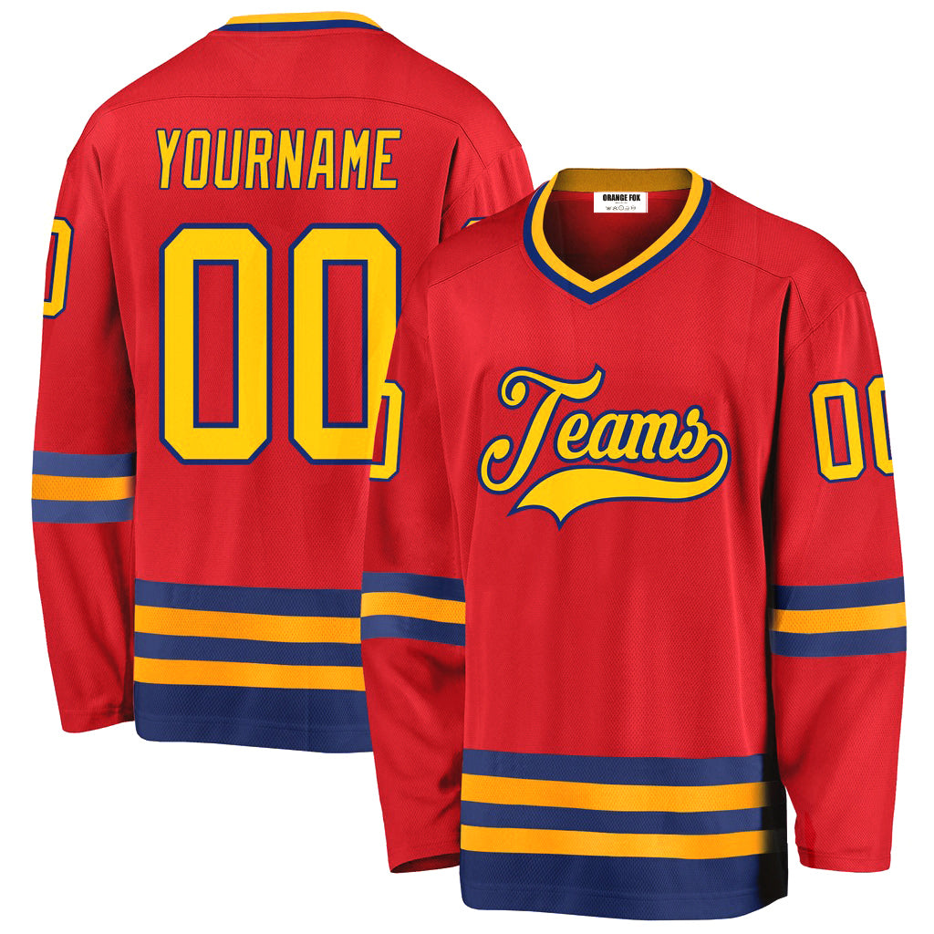 Custom Red Gold-Royal V Neck Hockey Jersey For Men & Women