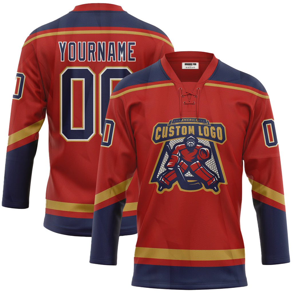 Custom Red Navy-Old Gold Neck Hockey Jersey For Men & Women