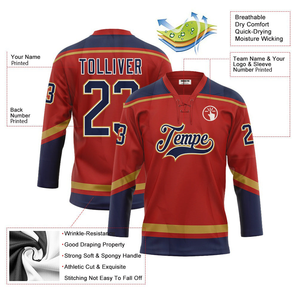 Custom Red Navy-Old Gold Neck Hockey Jersey For Men & Women