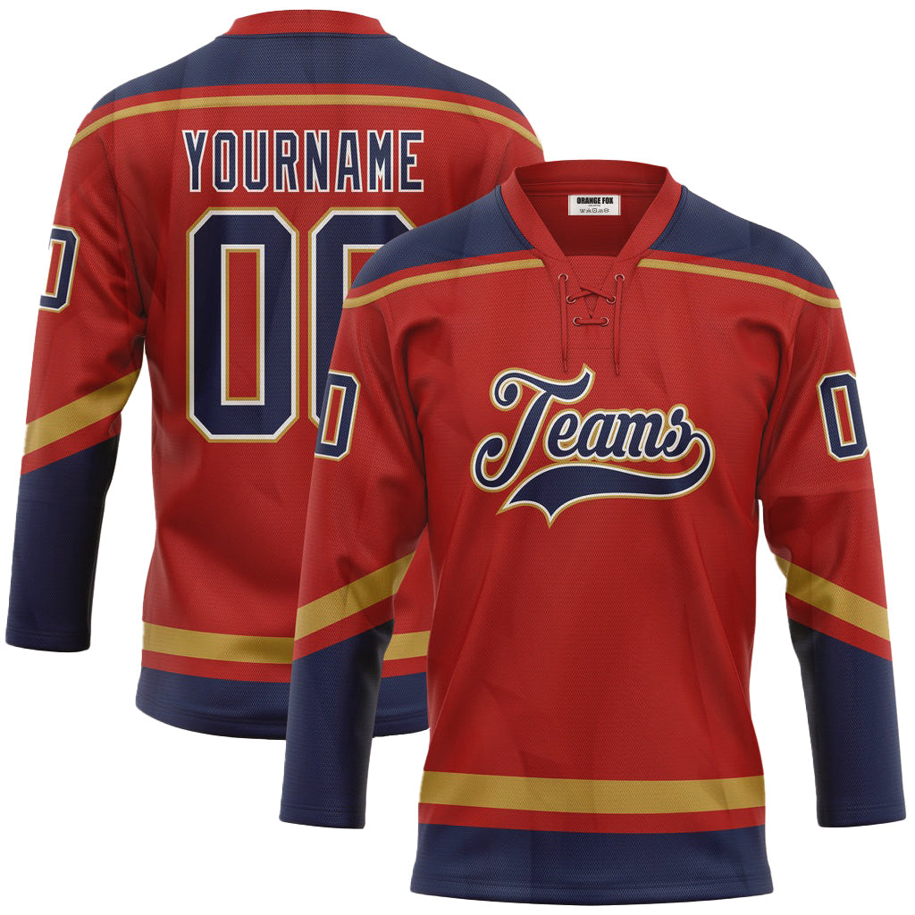 Custom Red Navy-Old Gold Neck Hockey Jersey For Men & Women