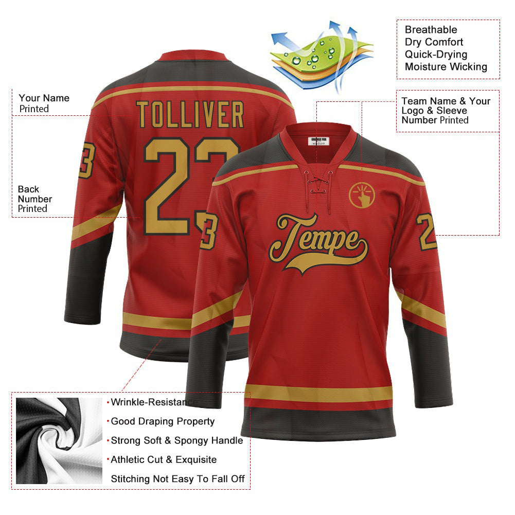 Custom Red Old Gold-Black Neck Hockey Jersey For Men & Women