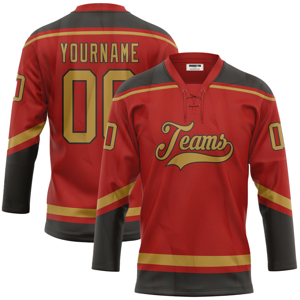 Custom Red Old Gold-Black Neck Hockey Jersey For Men & Women