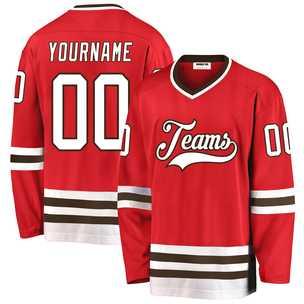 Custom Red White-Brown V Neck Hockey Jersey For Men & Women