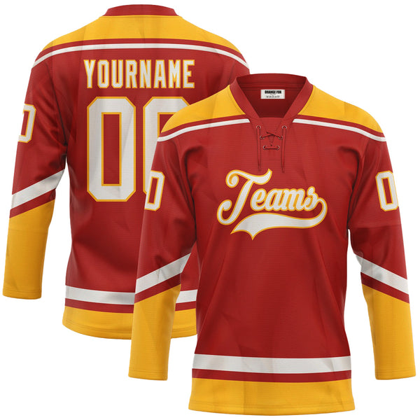 Custom Red White-Gold Neck Hockey Jersey For Men & Women