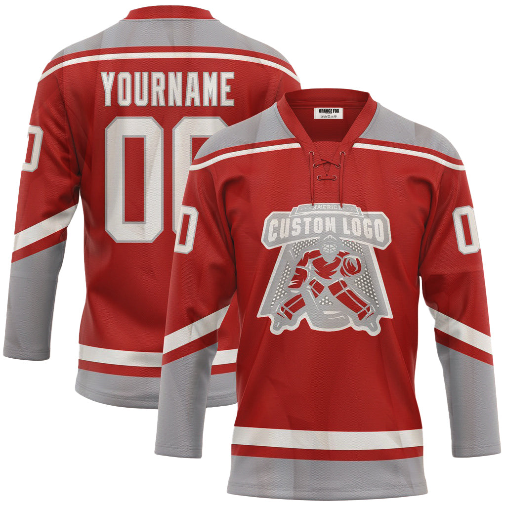 Custom Red White-Gray Neck Hockey Jersey For Men & Women