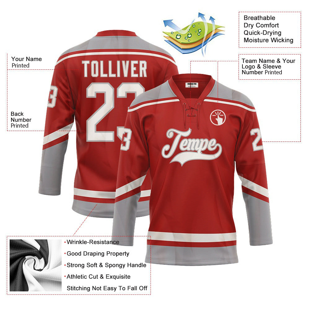 Custom Red White-Gray Neck Hockey Jersey For Men & Women