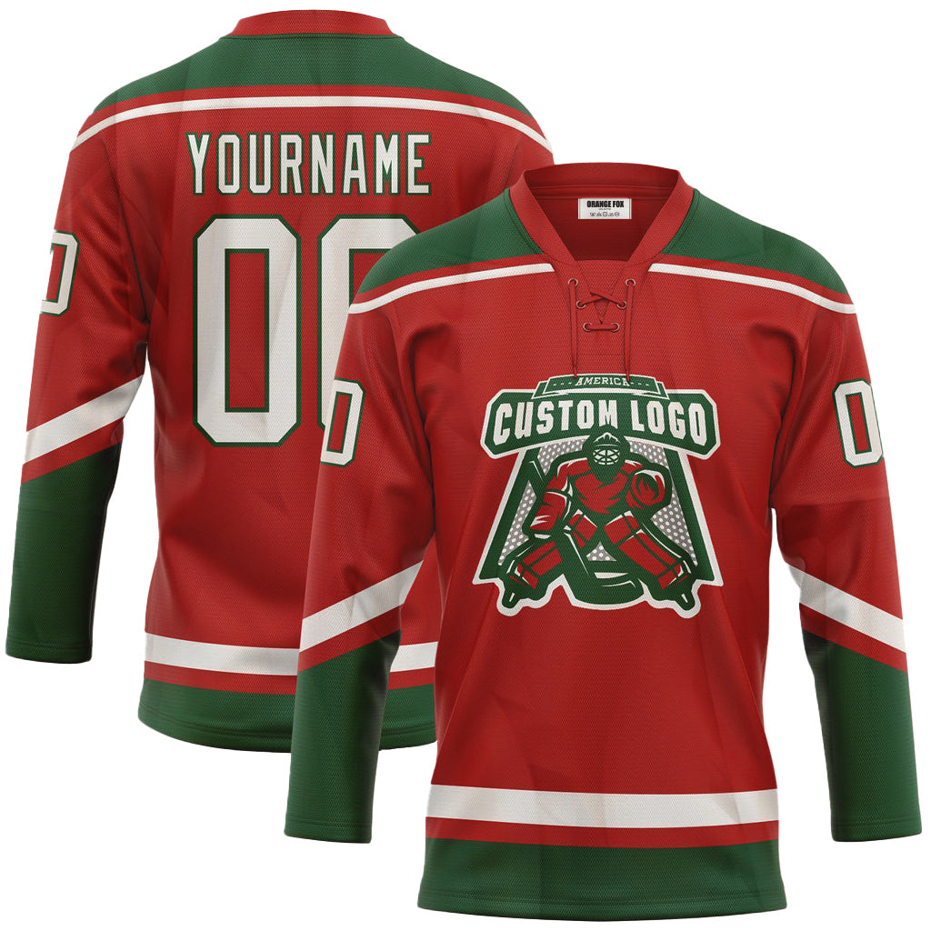 Custom Red White-Green Neck Hockey Jersey For Men & Women