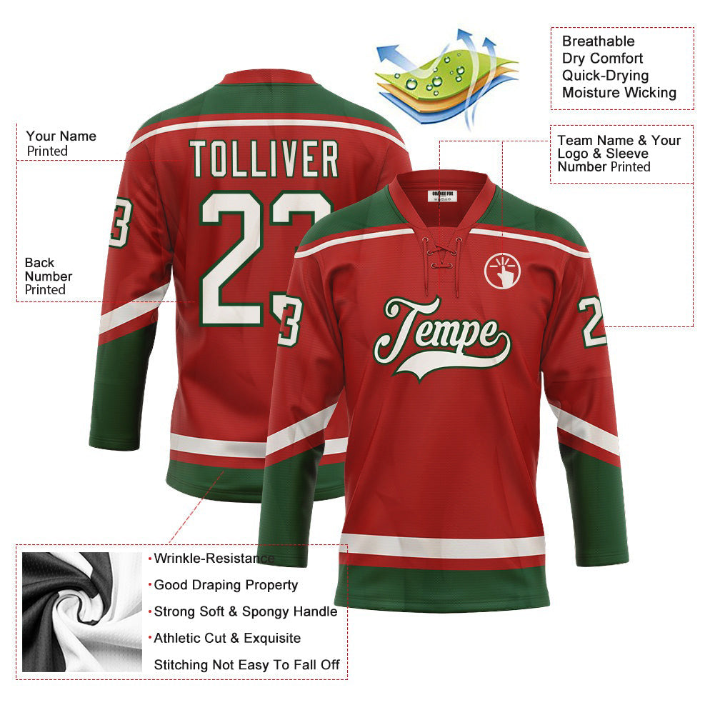 Custom Red White-Green Neck Hockey Jersey For Men & Women