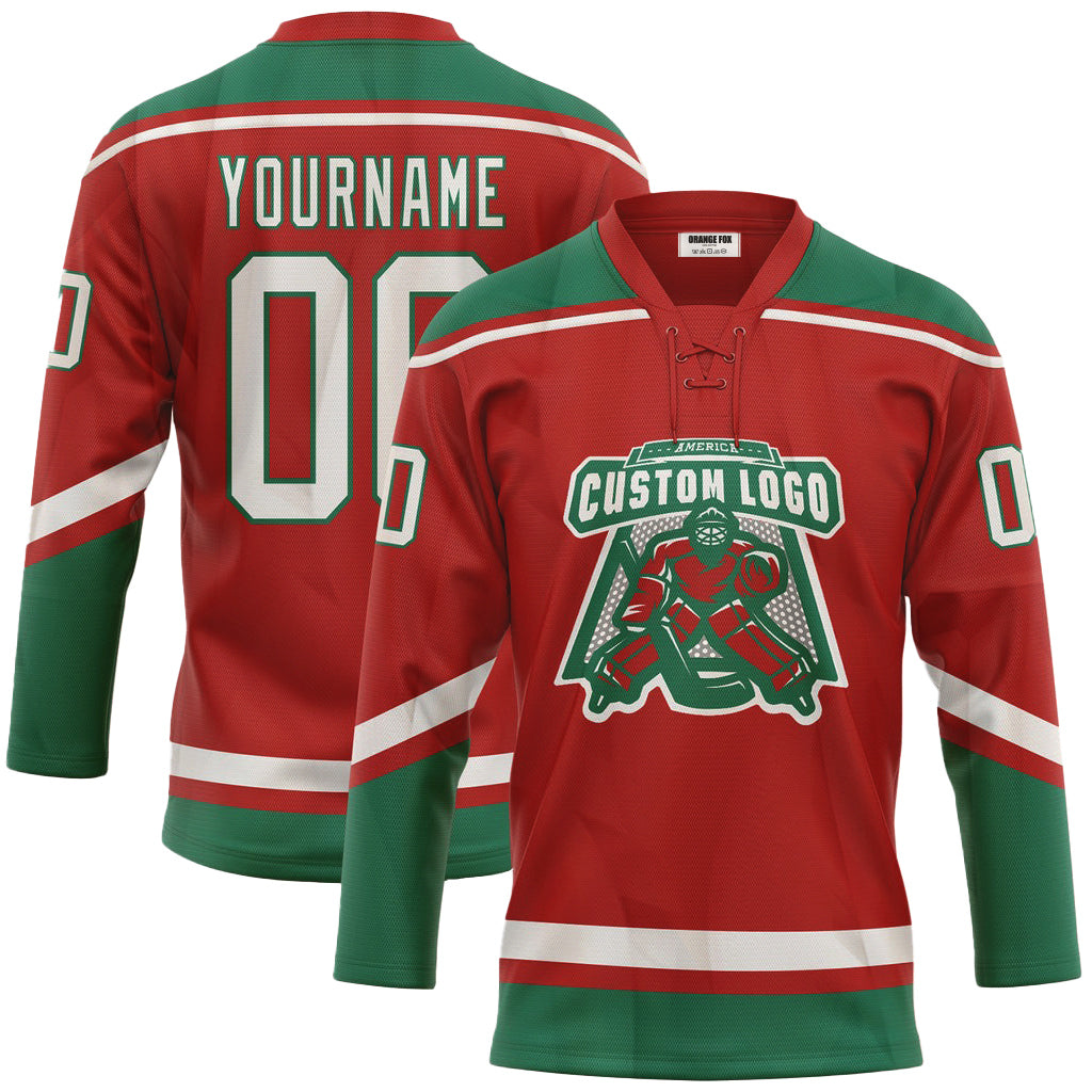 Custom Red White-Kelly Green Neck Hockey Jersey For Men & Women