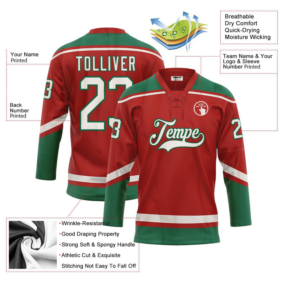 Custom Red White-Kelly Green Neck Hockey Jersey For Men & Women