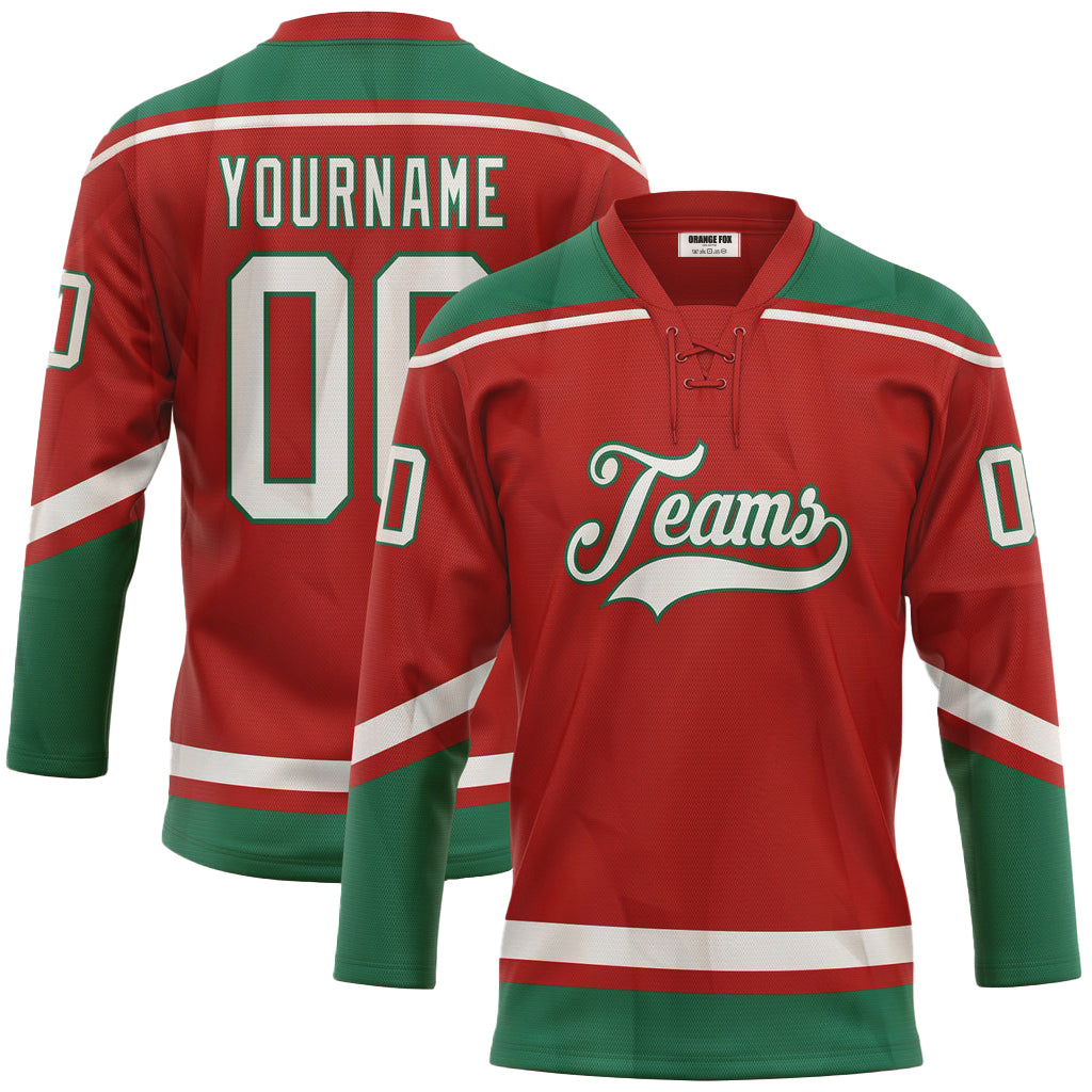 Custom Red White-Kelly Green Neck Hockey Jersey For Men & Women