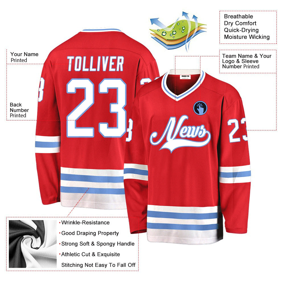 Custom Red White-Light Blue V Neck Hockey Jersey For Men & Women