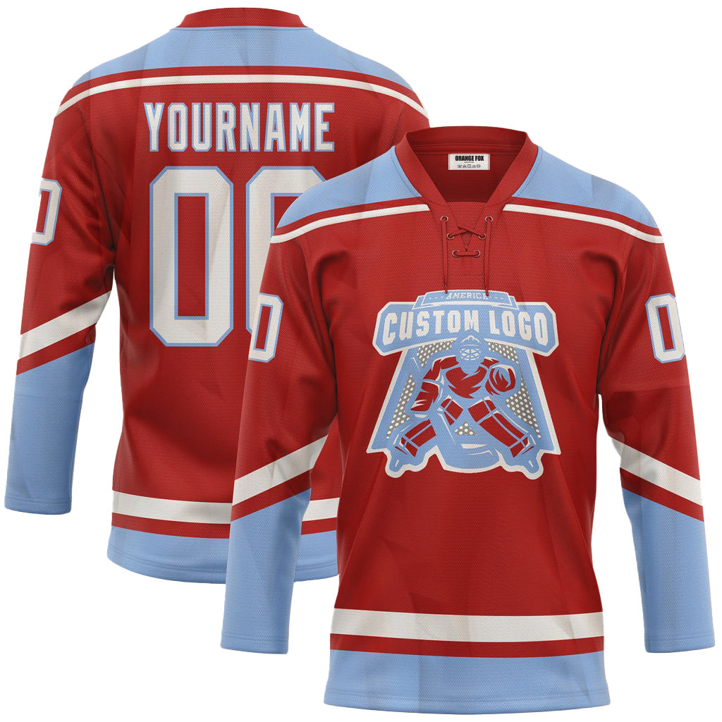 Custom Red White-Light Blue Neck Hockey Jersey For Men & Women