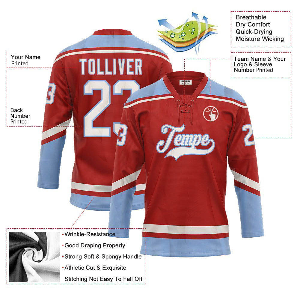 Custom Red White-Light Blue Neck Hockey Jersey For Men & Women