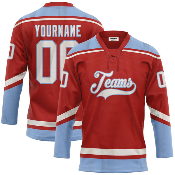 Custom Red White-Light Blue Neck Hockey Jersey For Men & Women