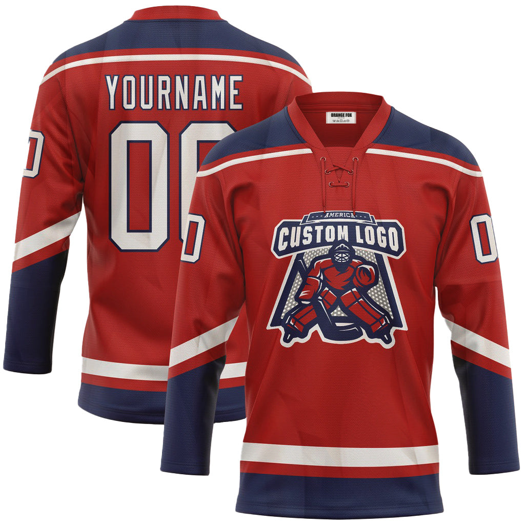 Custom Red White-Navy Neck Hockey Jersey For Men & Women