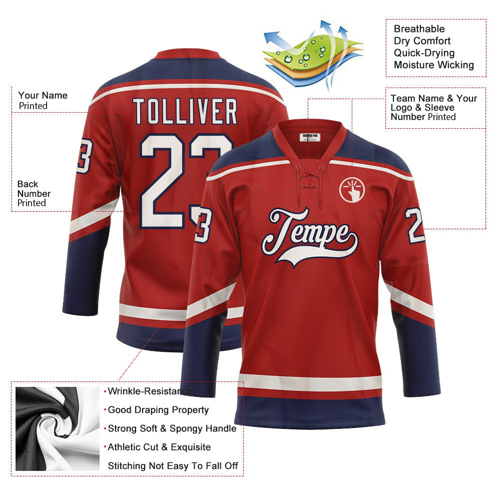 Custom Red White-Navy Neck Hockey Jersey For Men & Women