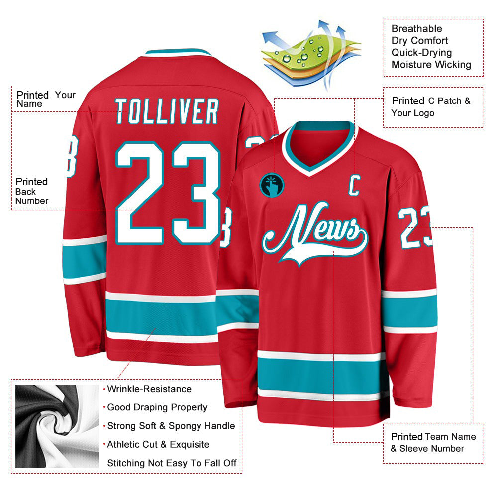 Custom Red White-Teal V Neck Hockey Jersey For Men & Women