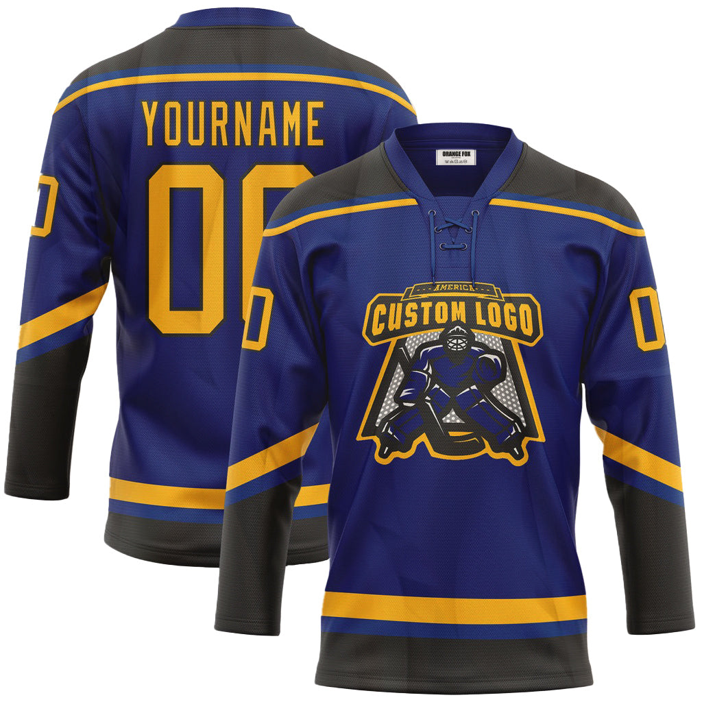 Custom Royal Gold-Black Neck Hockey Jersey For Men & Women