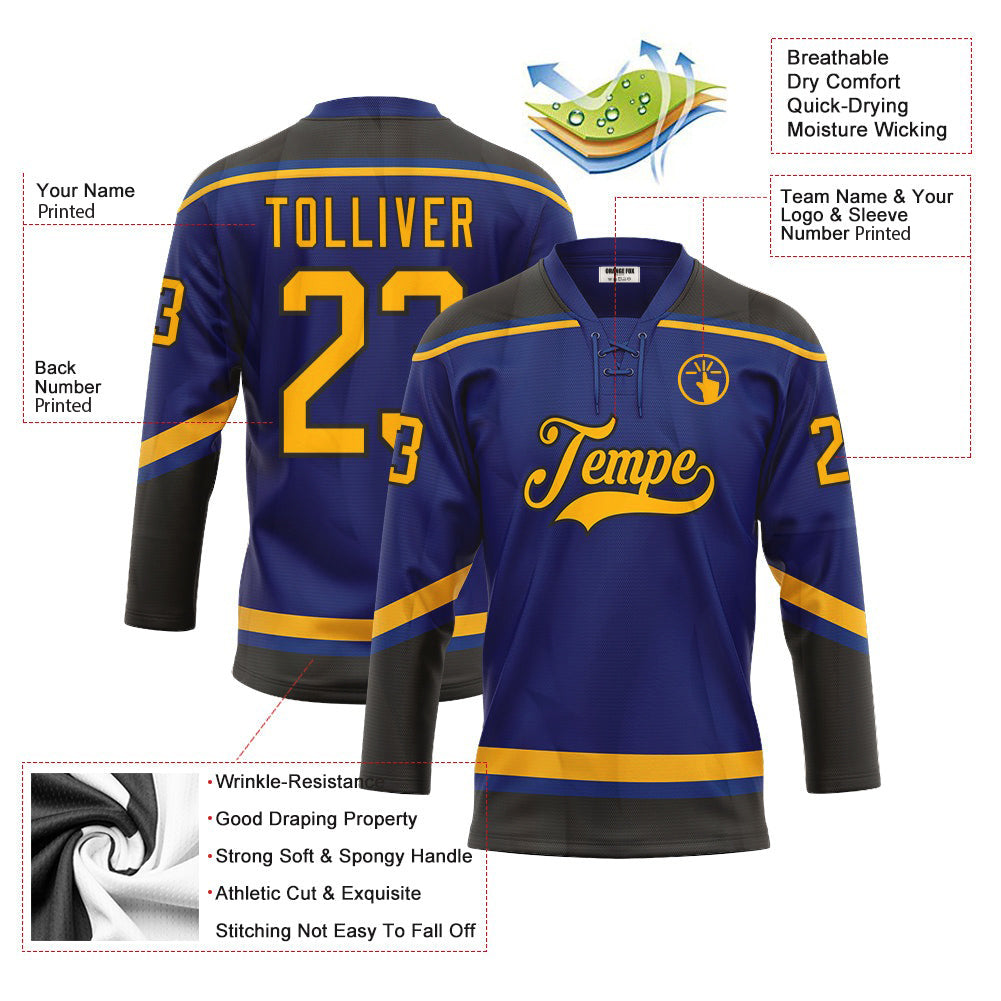 Custom Royal Gold-Black Neck Hockey Jersey For Men & Women