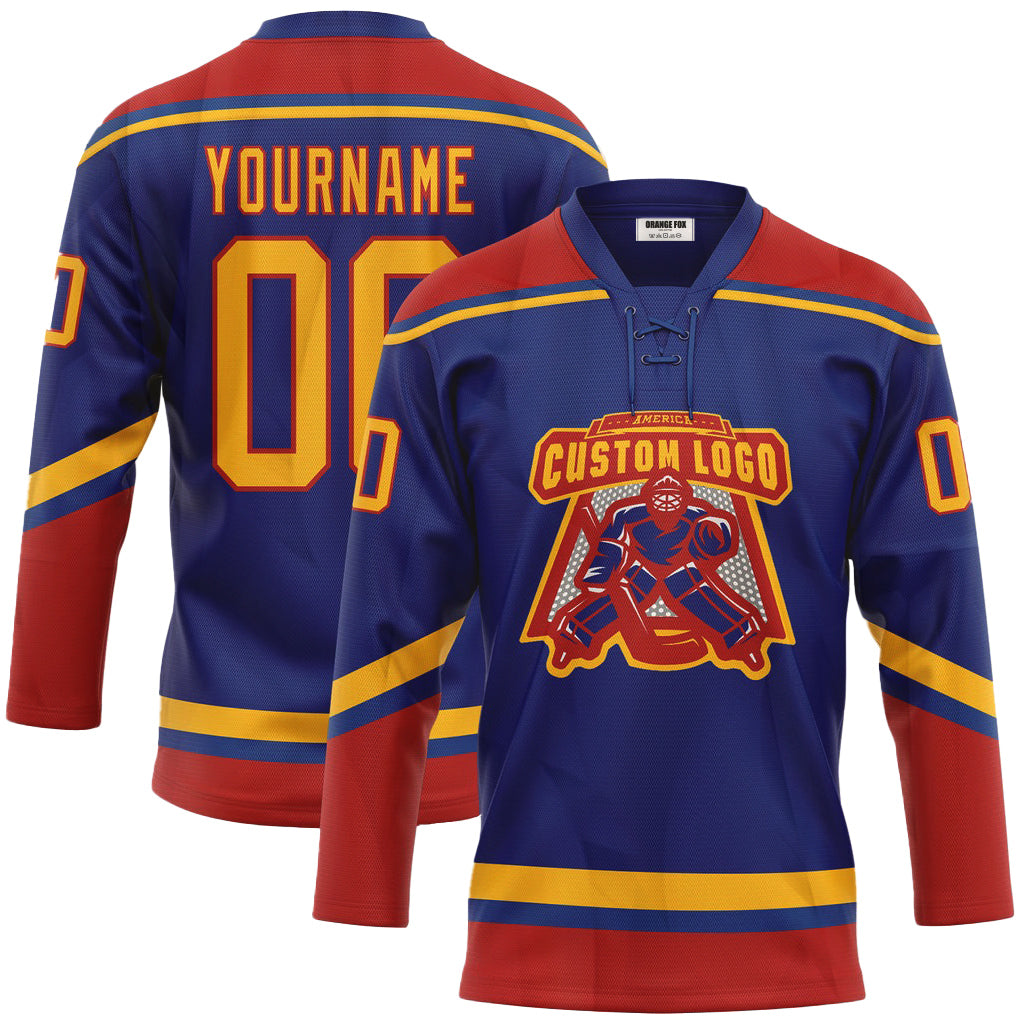 Custom Royal Gold-Red Neck Hockey Jersey For Men & Women