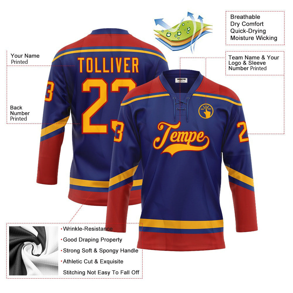 Custom Royal Gold-Red Neck Hockey Jersey For Men & Women