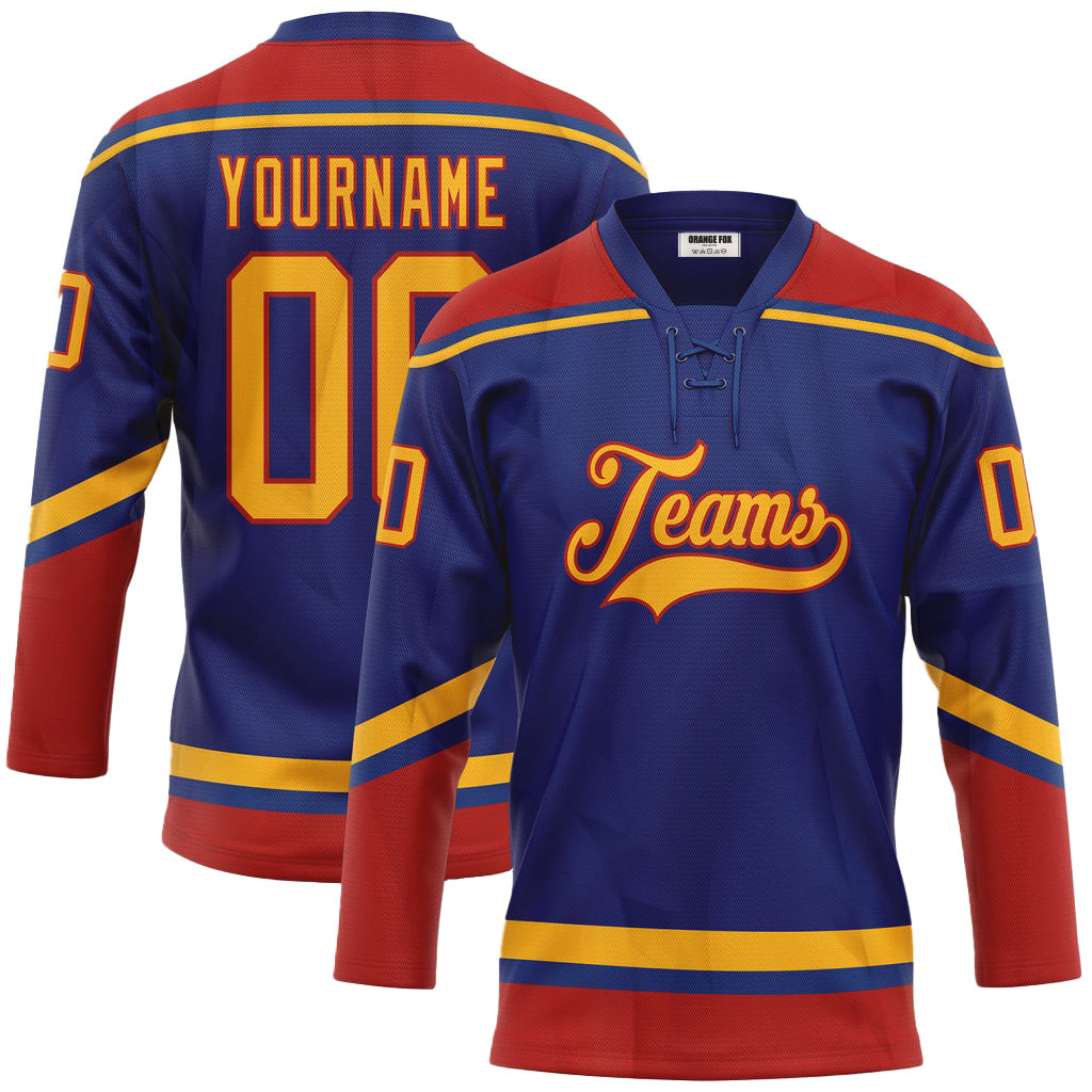 Custom Royal Gold-Red Neck Hockey Jersey For Men & Women