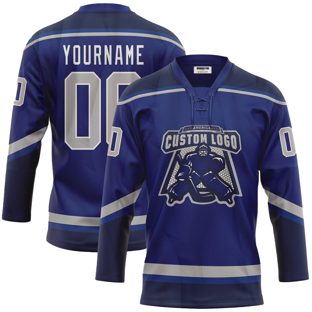 Custom Royal Gray-Navy Neck Hockey Jersey For Men & Women