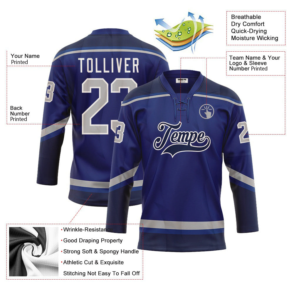 Custom Royal Gray-Navy Neck Hockey Jersey For Men & Women