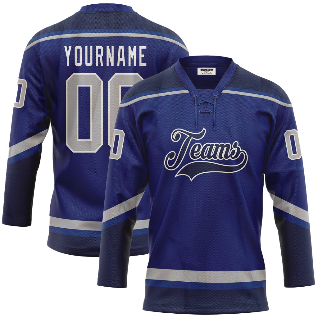 Custom Royal Gray-Navy Neck Hockey Jersey For Men & Women