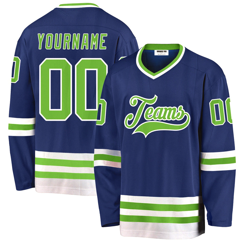 Custom Royal Neon Green-White V Neck Hockey Jersey For Men & Women