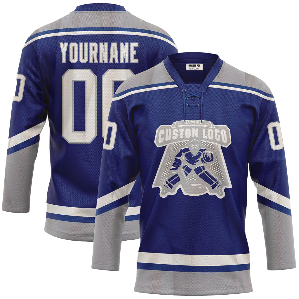 Custom Royal White-Gray Neck Hockey Jersey For Men & Women