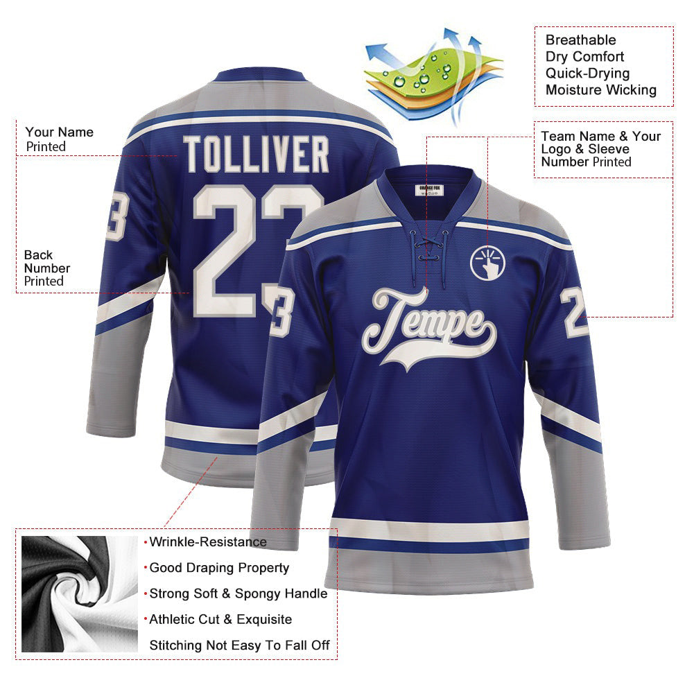 Custom Royal White-Gray Neck Hockey Jersey For Men & Women