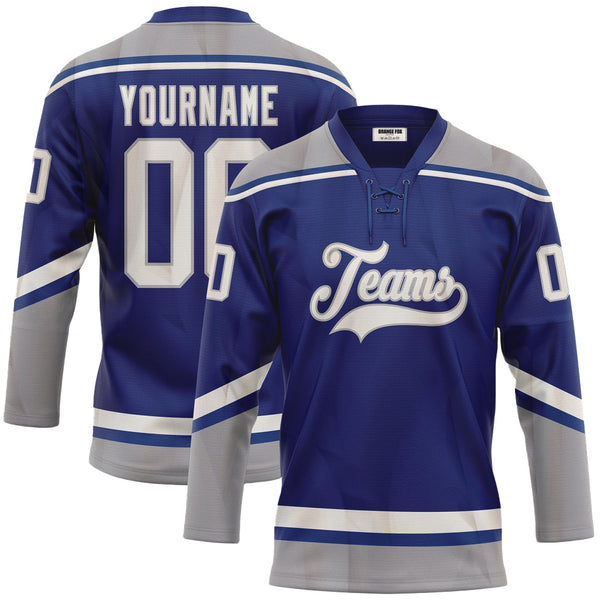 Custom Royal White-Gray Neck Hockey Jersey For Men & Women