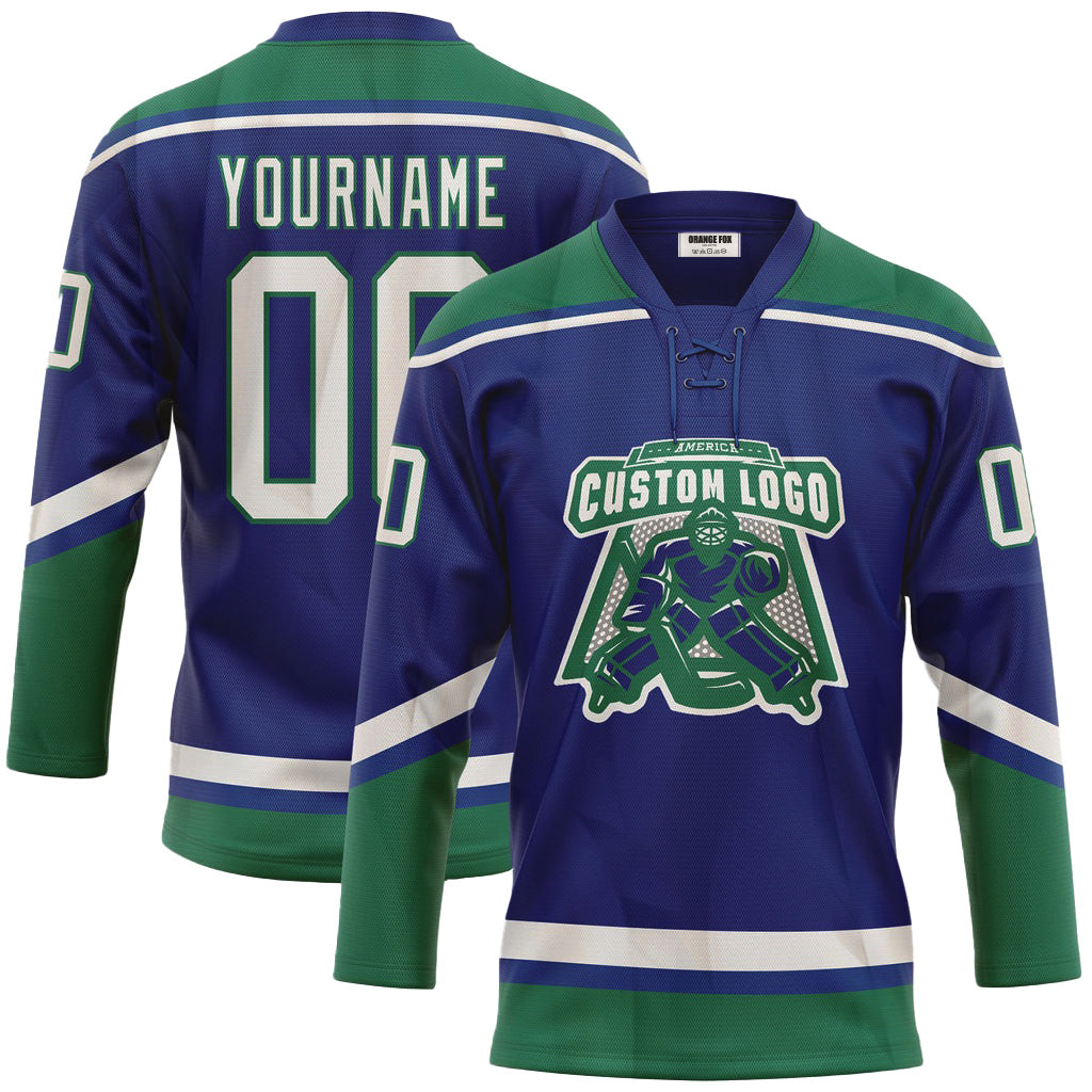 Custom Royal White-Kelly Green Neck Hockey Jersey For Men & Women