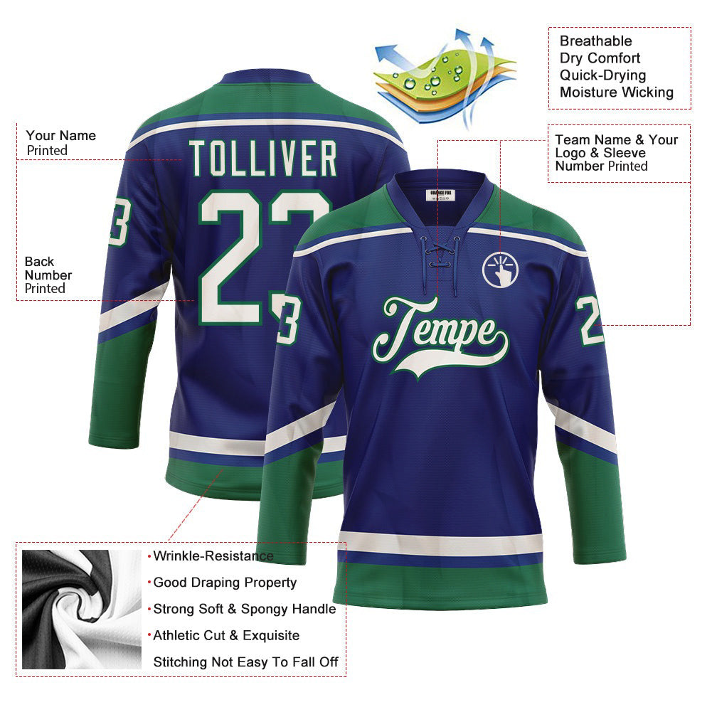 Custom Royal White-Kelly Green Neck Hockey Jersey For Men & Women