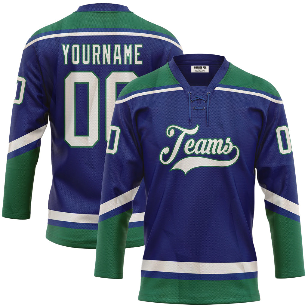 Custom Royal White-Kelly Green Neck Hockey Jersey For Men & Women