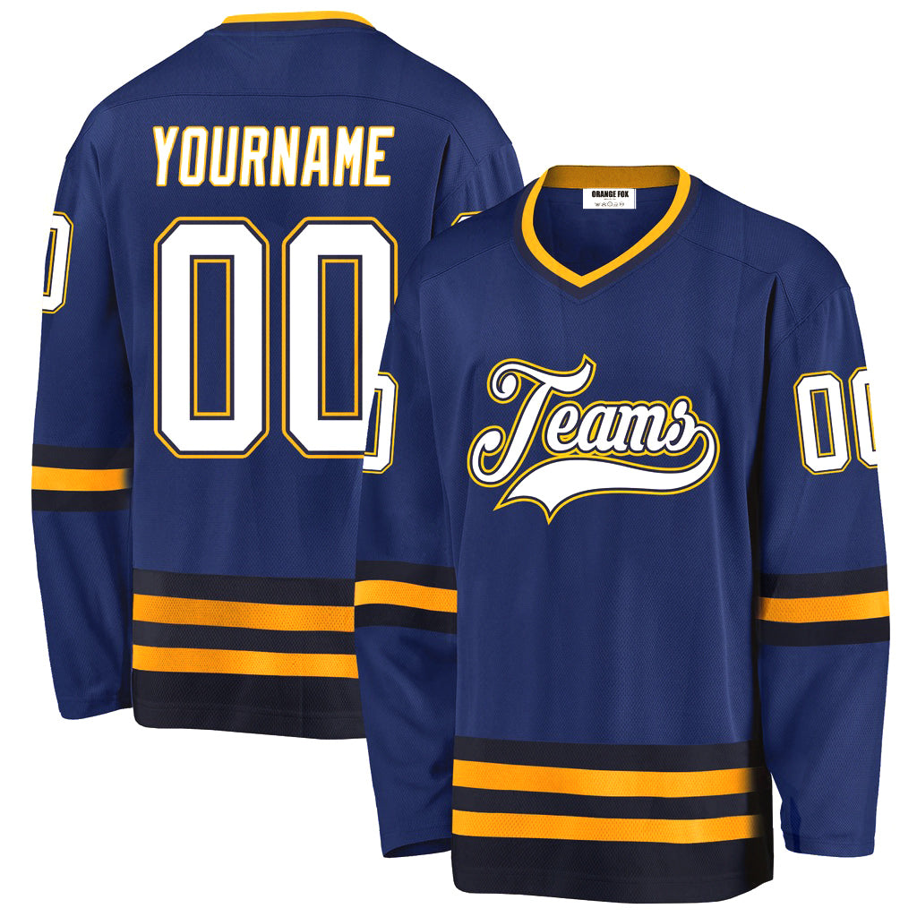 Custom Royal White-Navy V Neck Hockey Jersey For Men & Women