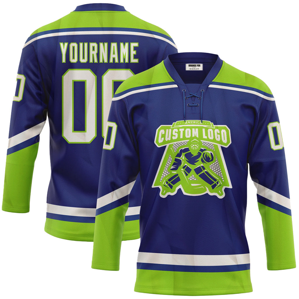 Custom Royal White-Neon Green Neck Hockey Jersey For Men & Women