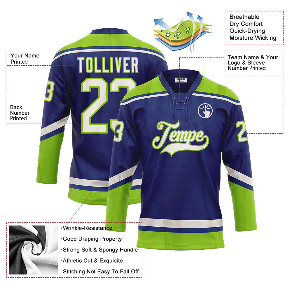 Custom Royal White-Neon Green Neck Hockey Jersey For Men & Women